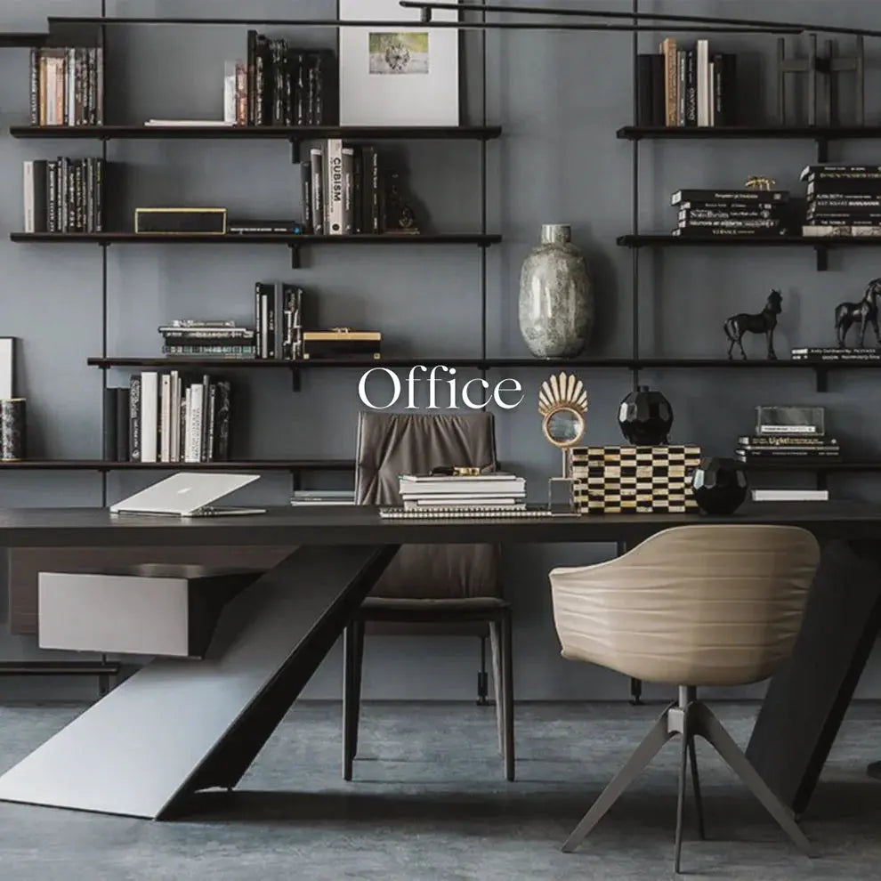 Modern office setup with a sleek desk, chairs, and bookshelves. The word "Office" is centered on the image. Decor items include vases, books, figurines, and a chessboard.