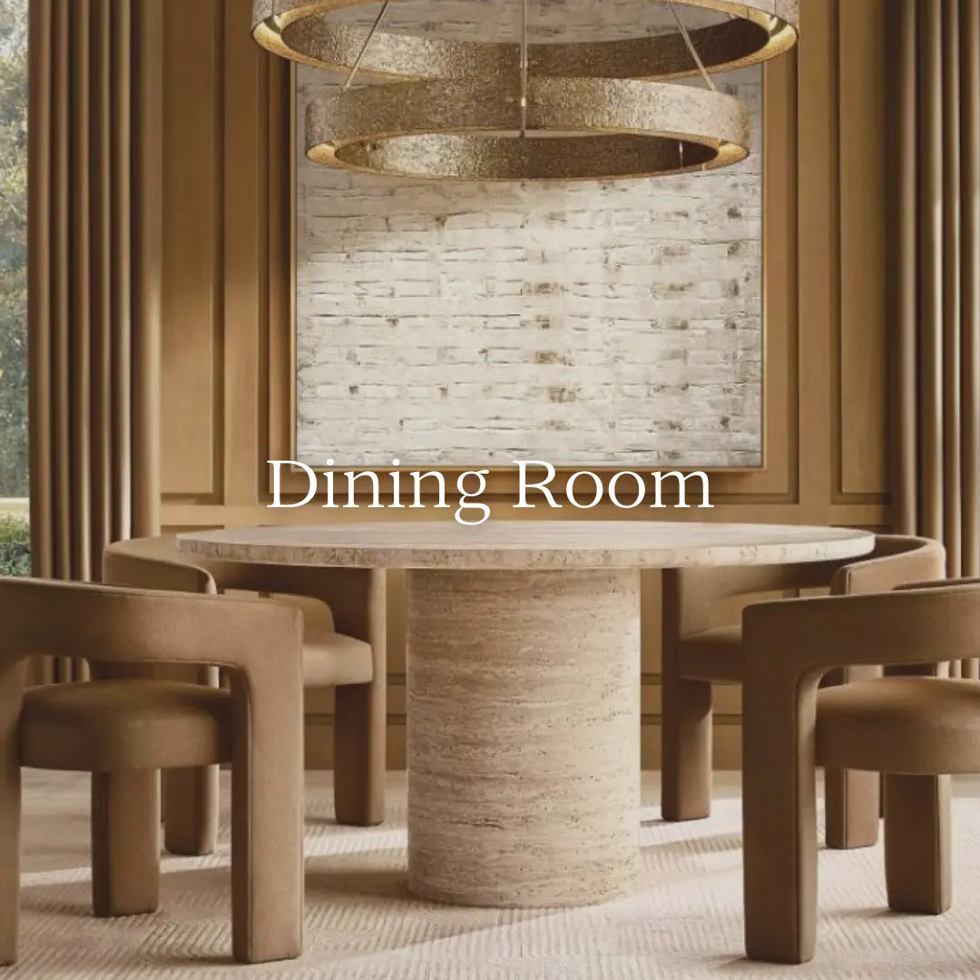 A dining room with a round stone table, four brown chairs, a textured wall, beige curtains, and a large circular hanging light fixture. Text reads "Dining Room.