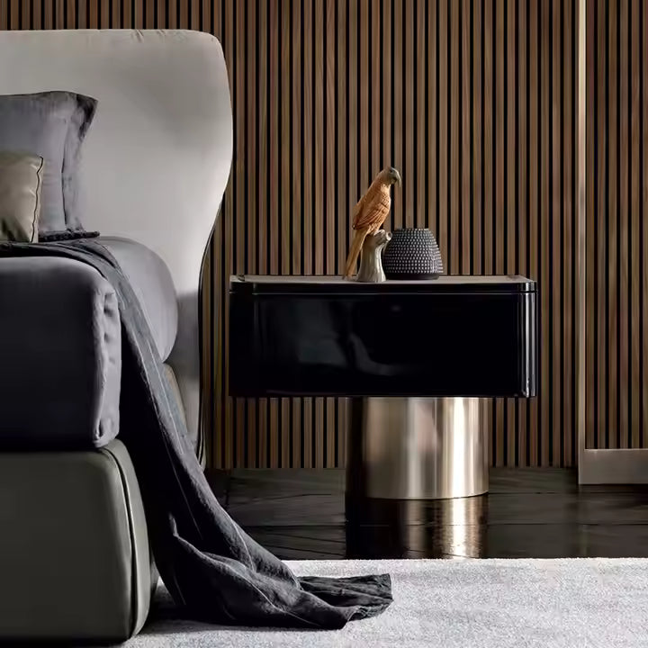 Noir Éclat Mid‑Century Wood & Stainless Steel Bedside Table - Urban Ashram