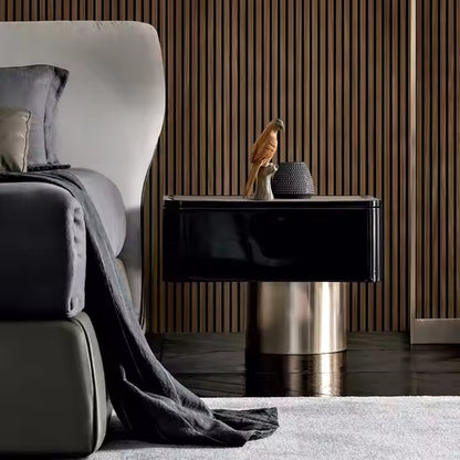 Noir Éclat Mid‑Century Wood & Stainless Steel Bedside Table - Urban Ashram