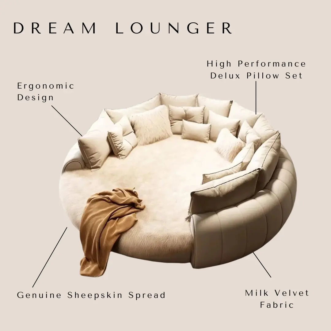 Luxurious Round Dream Lounger Upholstered Movie Bed with pillows, sheepskin throw, and velvet fabric highlighted by key features.