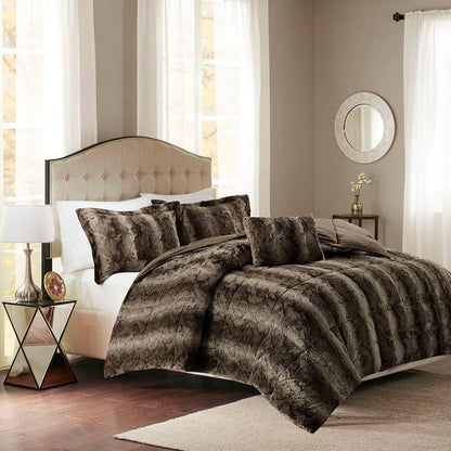 Wholesale Long Faux Fur 4-Piece Comforter Set, Brown