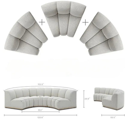 Diagram showcasing the Grand Curved Sectional configuration. This modular gray sectional sofa can be arranged in various shapes, with measurements provided: 153.5" x 120.9" overall, 65" between sections, 55.5" in depth, and 29.9" in height.