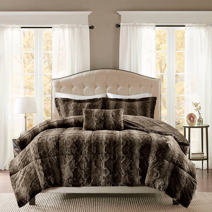 Wholesale Long Faux Fur 4-Piece Comforter Set, Brown