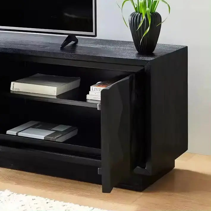 A Carved Pattern Black Media Console with a single door open, revealing shelves with books. A black vase with a green plant is placed on top beside the TV.