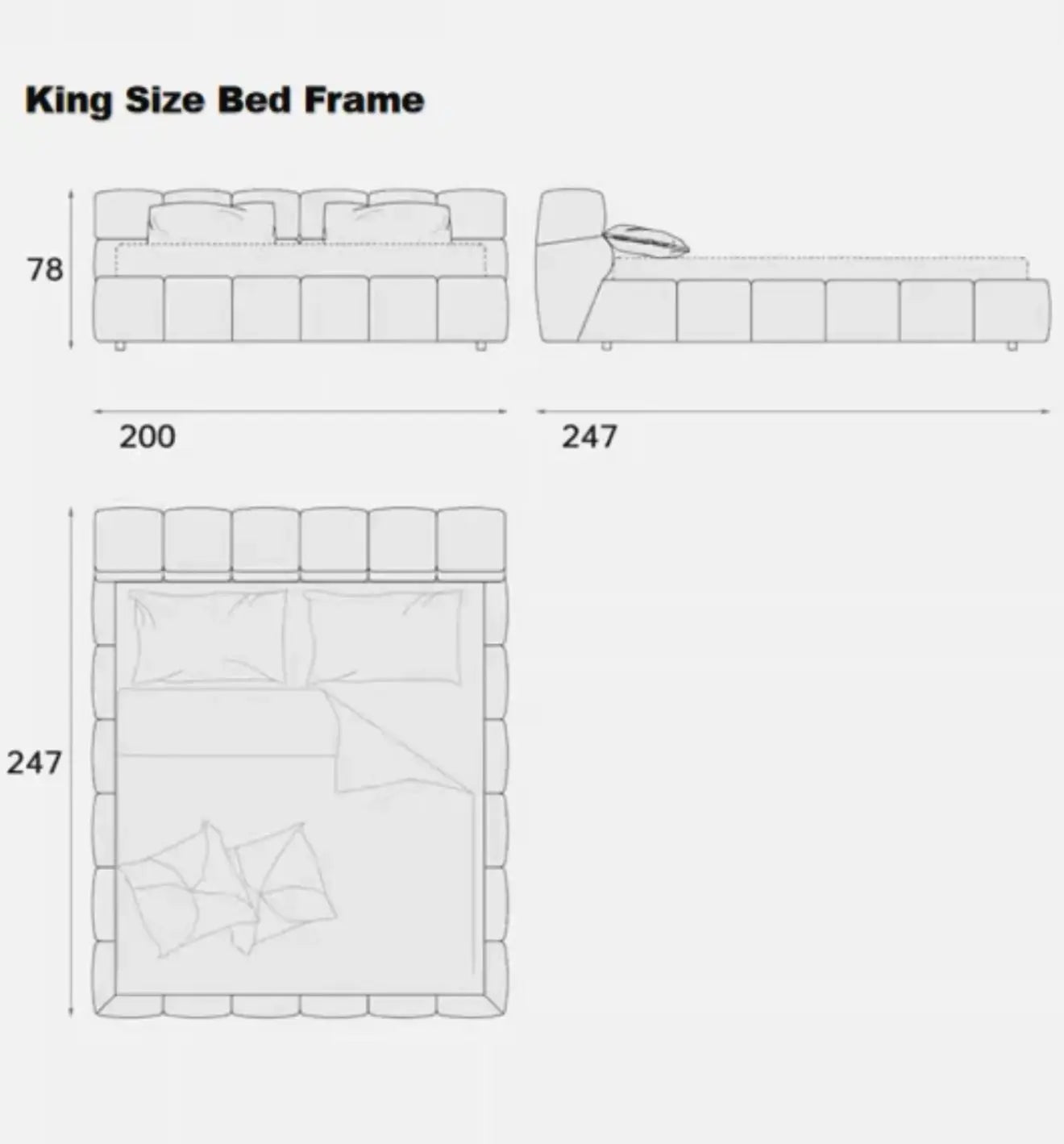 Diagram of the Modern Zen Bed king size frame with dimensions: 78 cm in height, 200 cm in width, and 247 cm in length. The illustrations include side and top views, complete with pillows and a blanket.