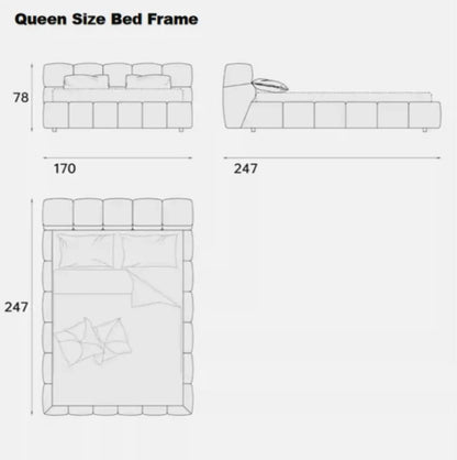 Diagram of the Modern Zen Bed in queen size with dimensions: 78 cm high, 170 cm wide, and 247 cm long. Top and side views display pillows and a blanket on the mattress.