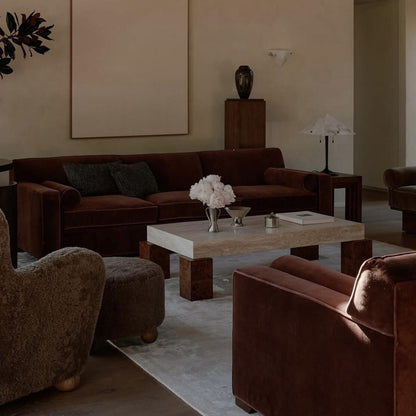 Velvet Fabric Sofa in Retro Style, Arranged in a Straight Line and in Sections, for a Modern Villa-style Living Room. High-end.