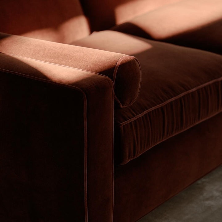 Velvet Fabric Sofa in Retro Style, Arranged in a Straight Line and in Sections, for a Modern Villa-style Living Room. High-end.