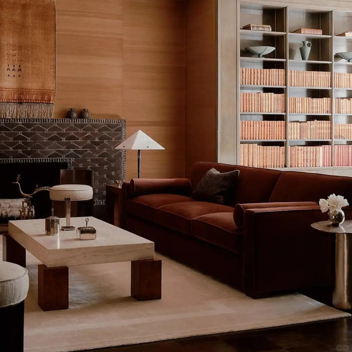 Velvet Fabric Sofa in Retro Style, Arranged in a Straight Line and in Sections, for a Modern Villa-style Living Room. High-end.