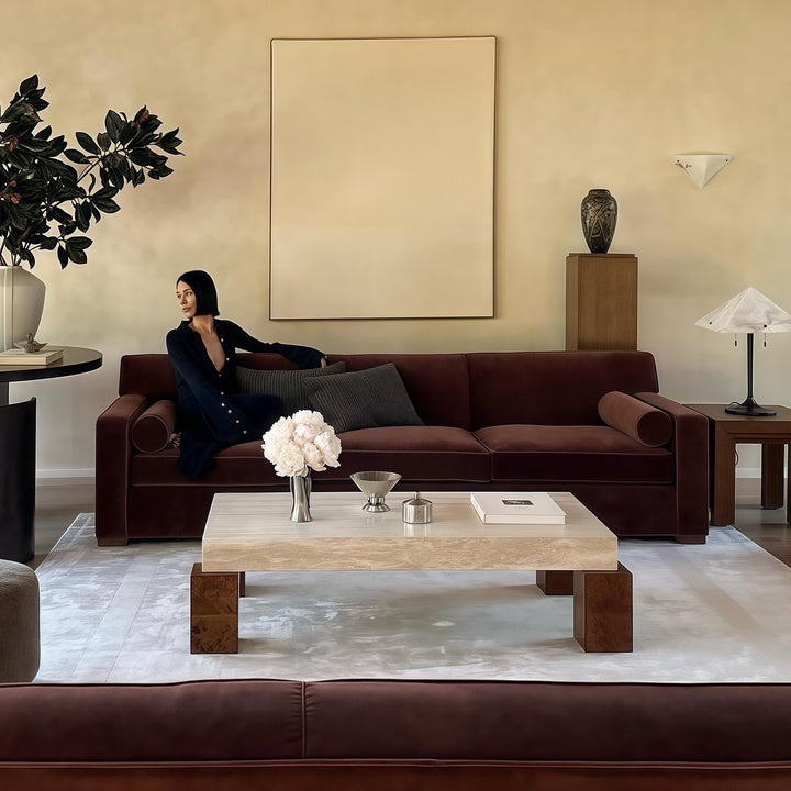 Velvet Fabric Sofa in Retro Style, Arranged in a Straight Line and in Sections, for a Modern Villa-style Living Room. High-end.