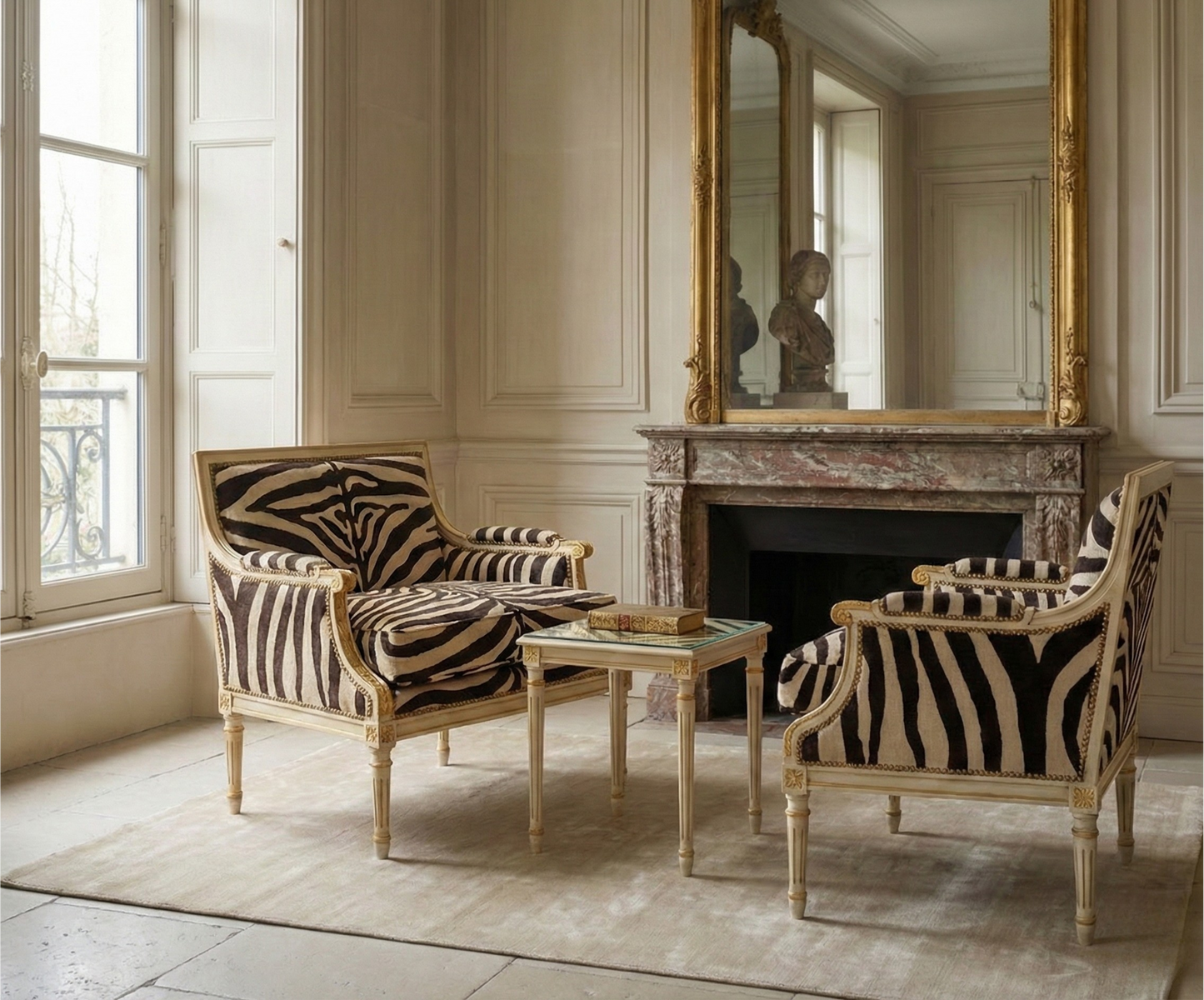 Two zebra-patterned chairs in a room with a fireplace and large mirror.