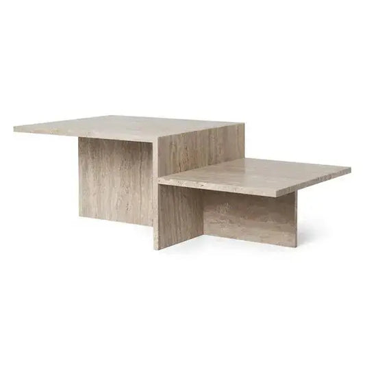 A beige Minimalist Modern Zen Travertine Coffee Table with an asymmetrical two-tier design featuring one larger and one smaller rectangular surface.