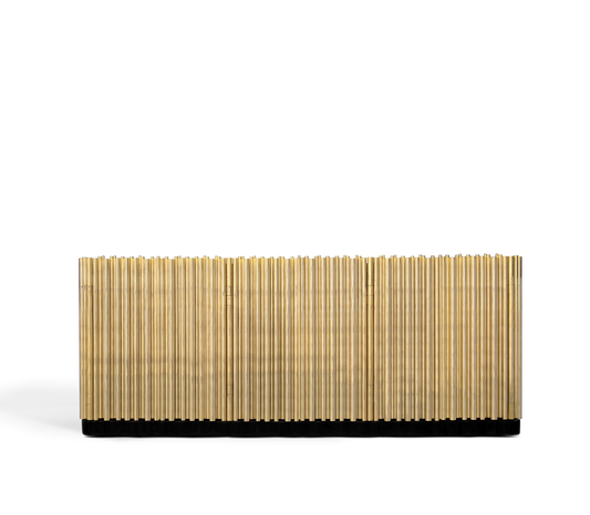 Symphony Contemporary Sideboard in gold with vertical ribbed panels, organ-pipe inspired storage piece.