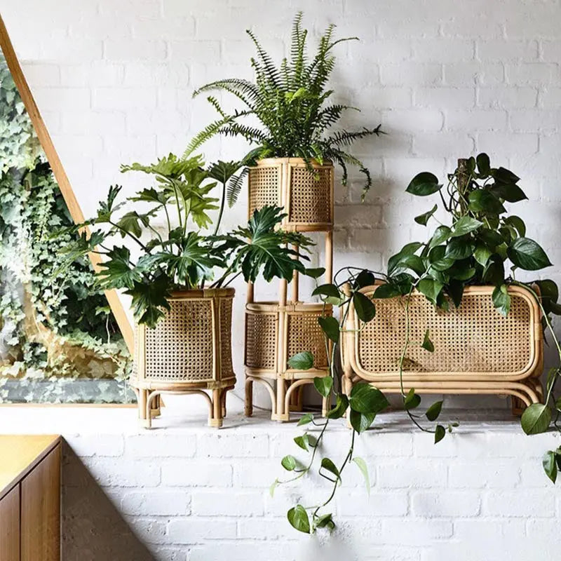 Nordic rattan solid wood flower rack - Urban Ashram Home